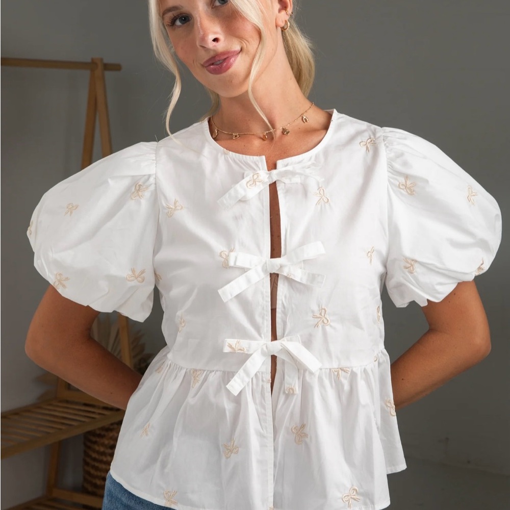 There’s Always Hope White Bow Tie Puff Sleeve Blouse, Large